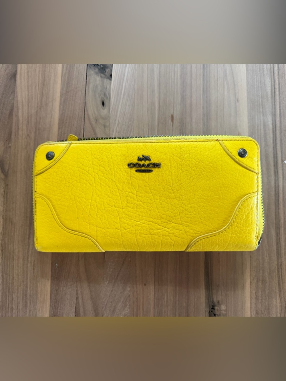 Coach Bright Yellow Pebbled Leather Zip Wallet and key chain